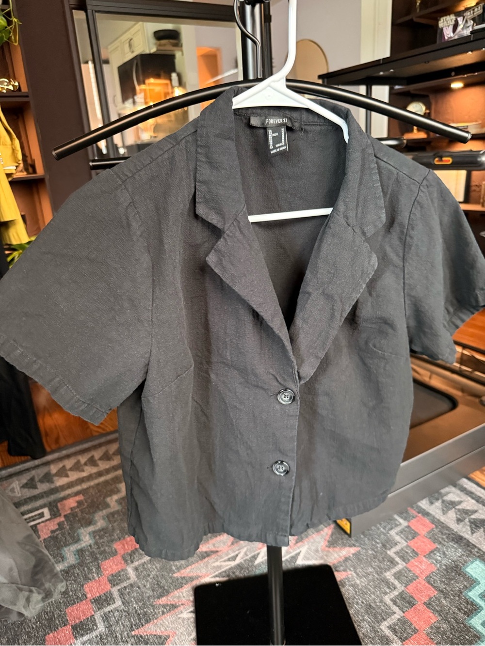 Forever 21 Black Short Sleeve Blazer Linen Top